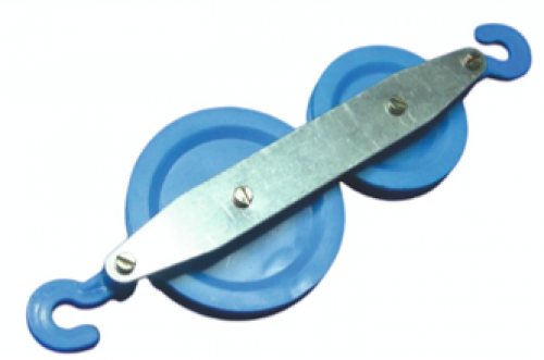 Two Pulleys in Alignment with Metal Frame and Hooks